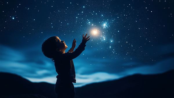 Ein Kind greift nach den Sternen am Nachthimmel - Foto: mertingen / AdobeStock