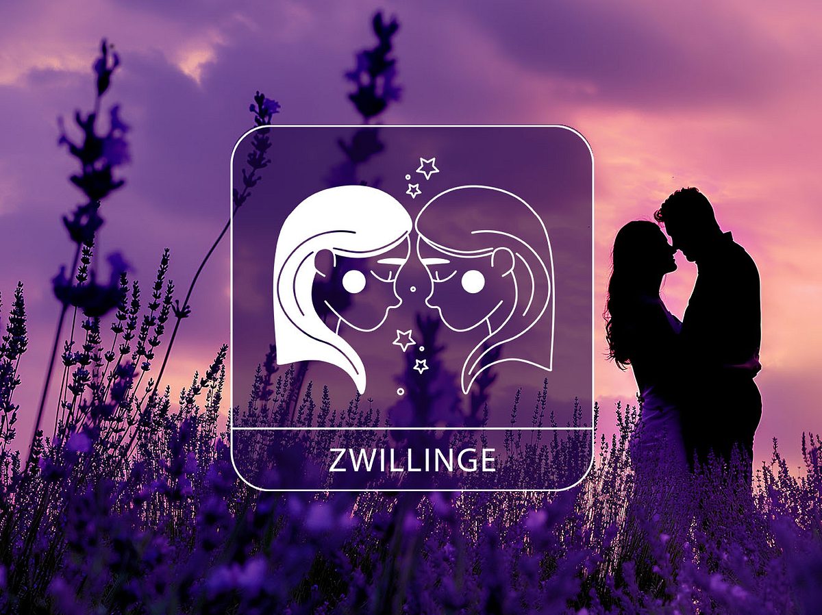 Sternzeichen Zwillinge vor einem verliebten Paar in einem Lavendelfeld im Sonnenuntergang