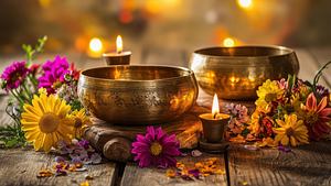 Klangschalen von Blumen und Kerzen umringt - Foto: TuruMuru / AdobeStock