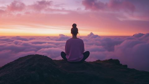 Frau sitzt im Yoga-Sitz vor einer Wolkendecke - Foto: tashechka / AdobeStock