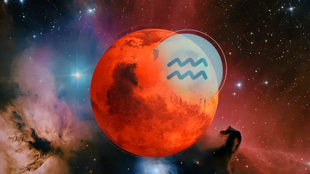 Der rote Planet Mars und das Symbol des Wassermanns vor einer funkelnden Galaxie - Foto: Astrowoche.de & iStock (CHIARI_VFX, Moorefam)