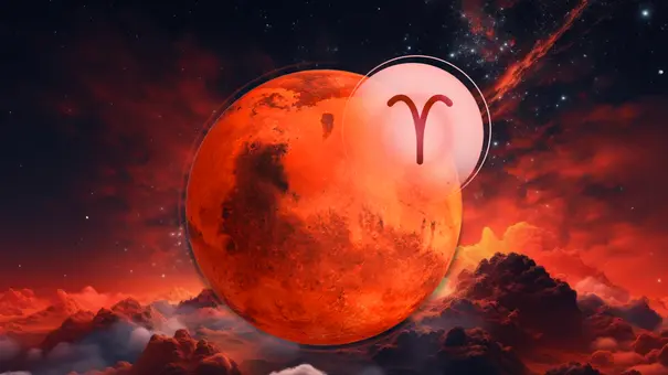 Der rote Planet Mars und das Symbol des Widders vor einem mystischen, dunkelroten Hintergrund. - Foto: Astrowoche.de & iStock (CHIARI_VFX) + AdobeStock (vadymstock)