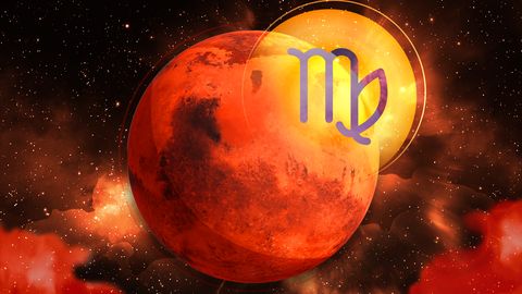 Planet Mars mit dem Symbol des Sternzeichen Jungfrau - Foto: Collage von Astrowoche.de (Dominica Zaborowski) & iStock (pixelparticle / CHIARI_VFX / Jian Fan)