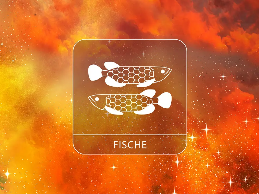 Sternzeichen Fische vor einem rötlichen Galaxie-Hintergrund mit Glitzer