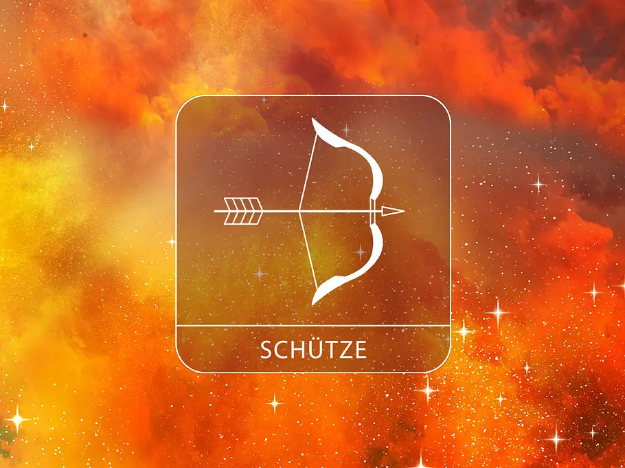 Sternzeichen Schütze vor einem rötlichen Galaxie-Hintergrund mit Glitzer