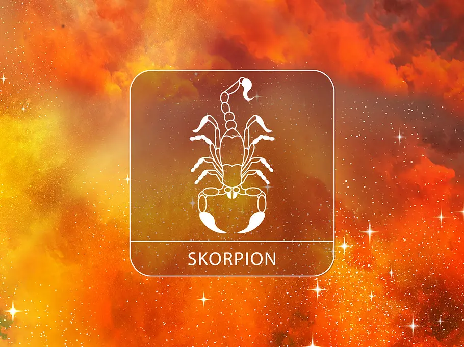 Sternzeichen Skorpion vor einem rötlichen Galaxie-Hintergrund mit Glitzer