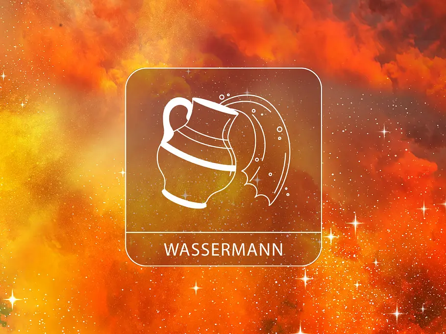 Sternzeichen Wassermann vor einem rötlichen Galaxie-Hintergrund mit Glitzer