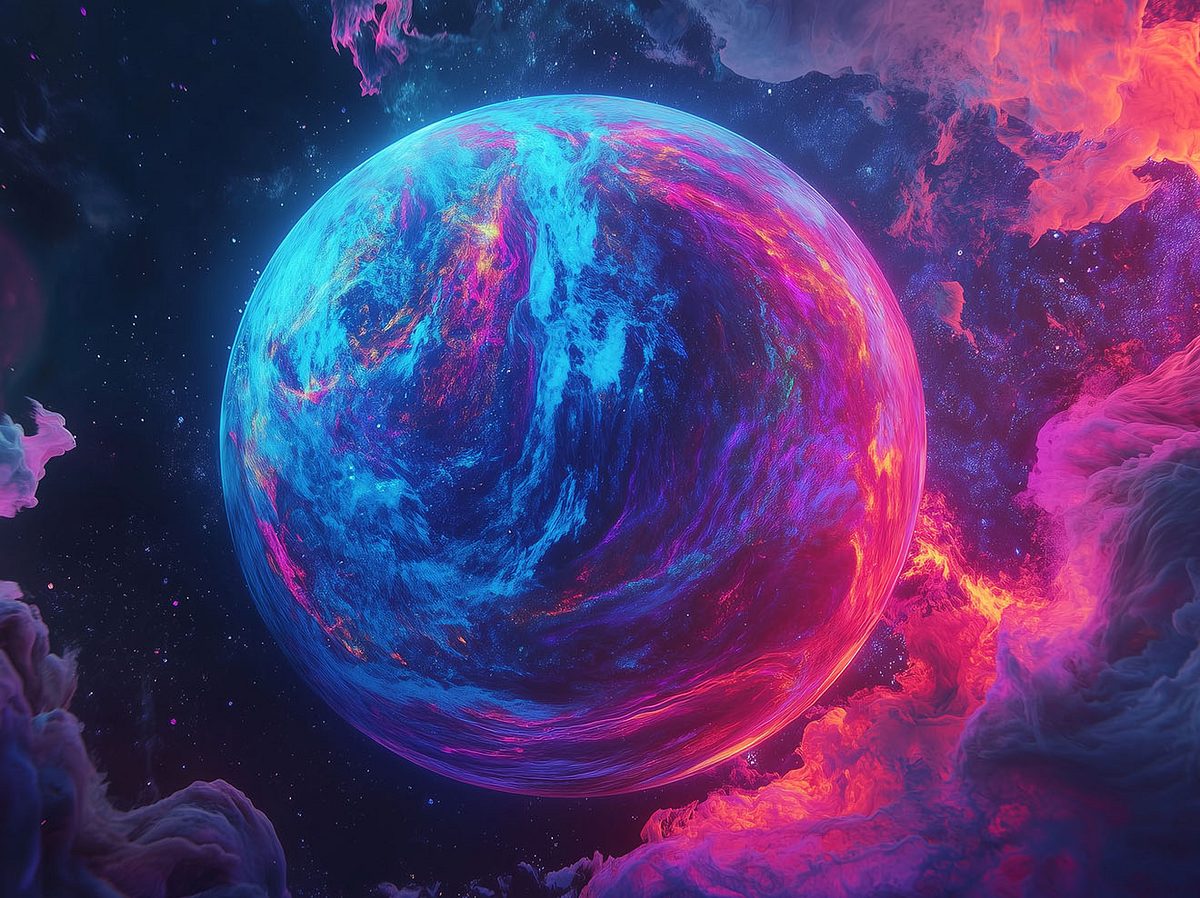 Darstellung eines bunten Planeten in bunten Wolken