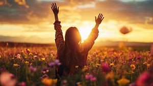 Frau steht auf einer Wildblumenwiese und streckt ihre Arme der Sonne entgegen. - Foto: kangnam / AdobeStock