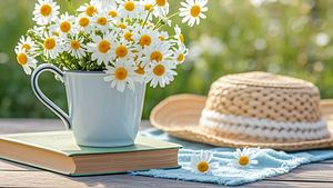 Sommerhut liegt mit einem Buch und einem Strauß Margeriten auf einem Gartentisch - Foto: Sopear / AdobeStock