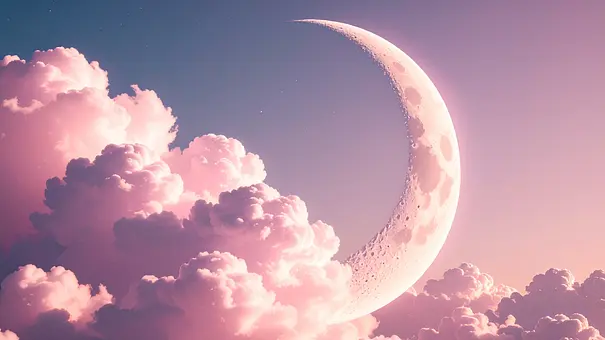 Neumond umgeben von rosaroten Wolken - Foto: AdobeFirefly (generiert mit KI)