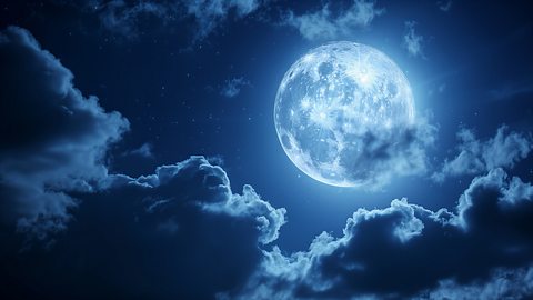 Blauer Vollmond steht umringt von dunklen Wolken am Himmel - Foto: fairyfingers / AdobeStock