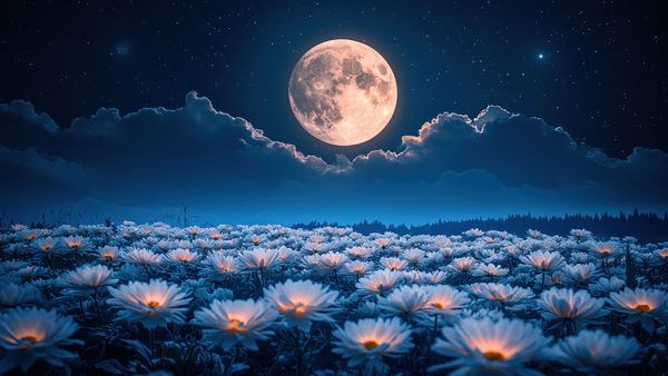 Vollmond steht über einem Blumenfeld - Foto: RONNY / AdobeStock