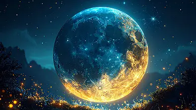 Magischer Vollmond umgeben von Glitzer - Foto: Collage mit Adobe & Astrowoche.de (generiert mit KI)