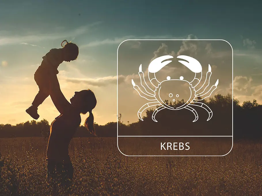 Eine Mutter mit ihrem Kind auf einem sommerlichen Feld neben dem Sternzeichen Krebs