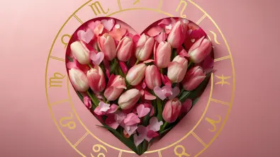 Ein Herz aus Tulpen vor einem pinken Hintergrund umringt von einem Sternzeichen Kreis - Foto: Collage mit Marina Storm / AdobeStock, AbstractAI / AbodeStock & Astrowoche.de