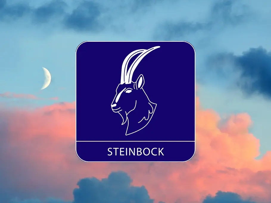 Sternzeichen Symbol Steinbock vor einem Himmel mit schmaler Mondsichel