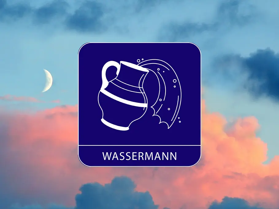 Sternzeichen Symbol Wassermann vor einem Himmel mit schmaler Mondsichel
