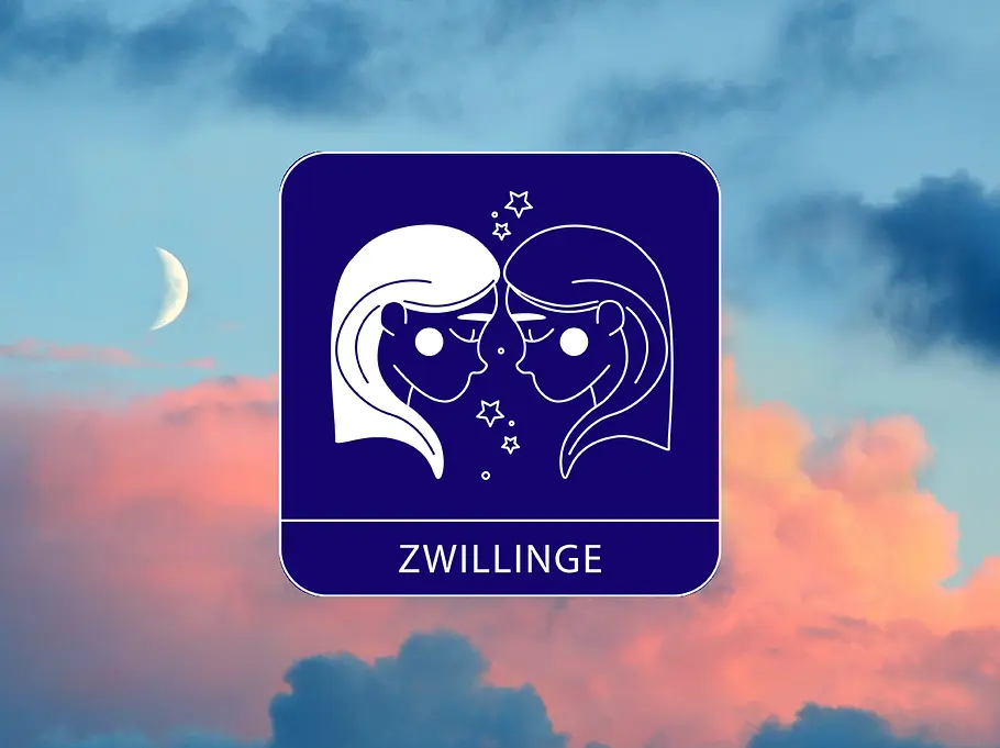 Sternzeichen Symbol Zwillinge vor einem Himmel mit schmaler Mondsichel