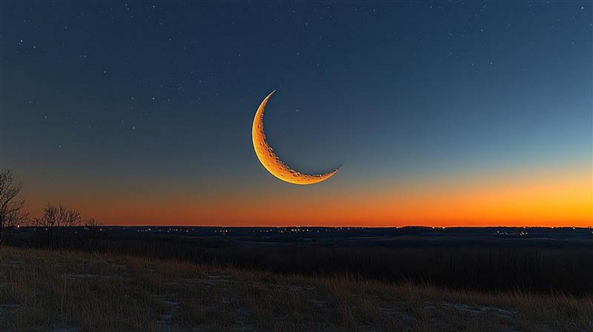 Ein Neumond wird von einem Sonnenuntergang umgeben