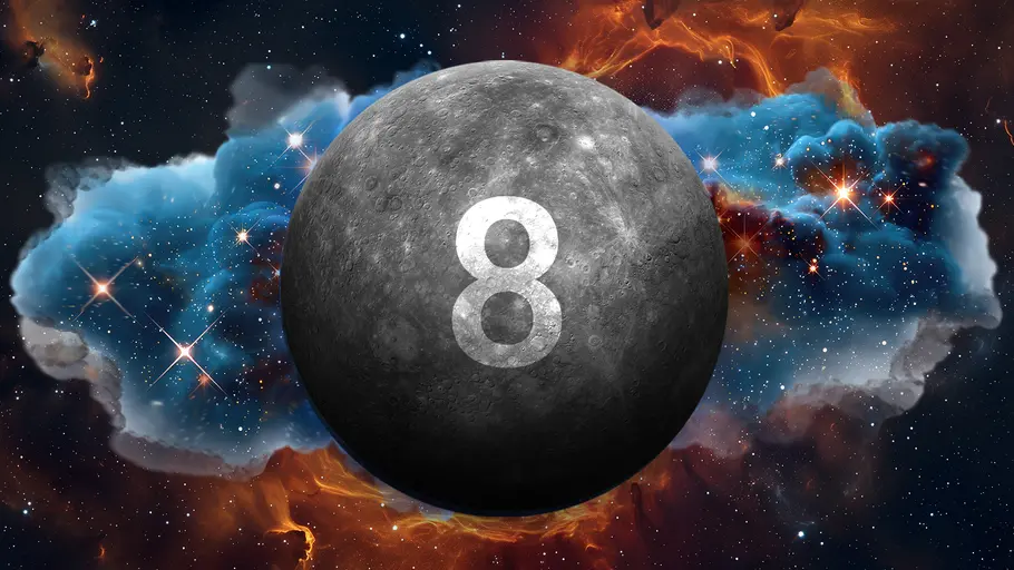 Die Zahl 8 auf Merkur, umgeben von einer prachtvoll funkelnden Galaxie