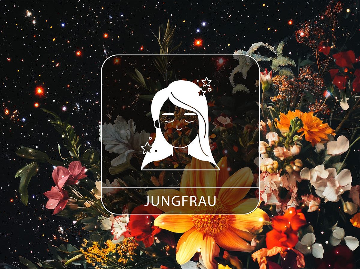 Sternzeichen Jungfrau vor einem Blumenstrauß im Sternenhimmel