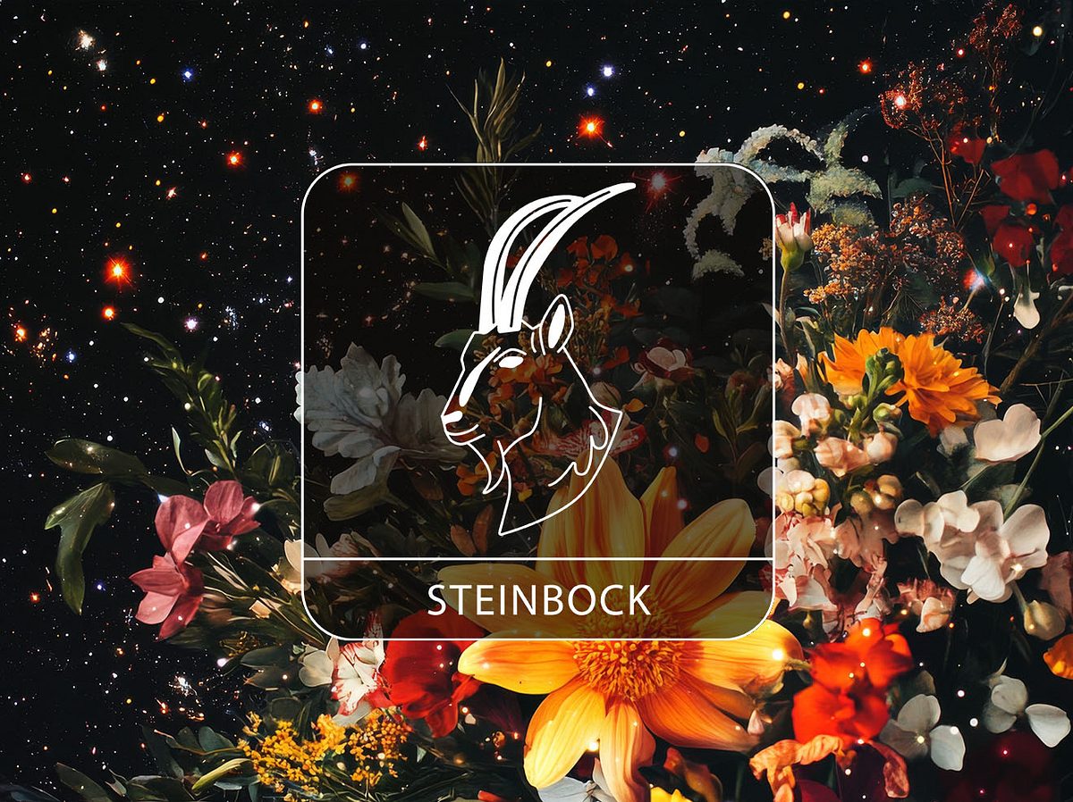 Sternzeichen Steinbock vor einem Blumenstrauß im Sternenhimmel
