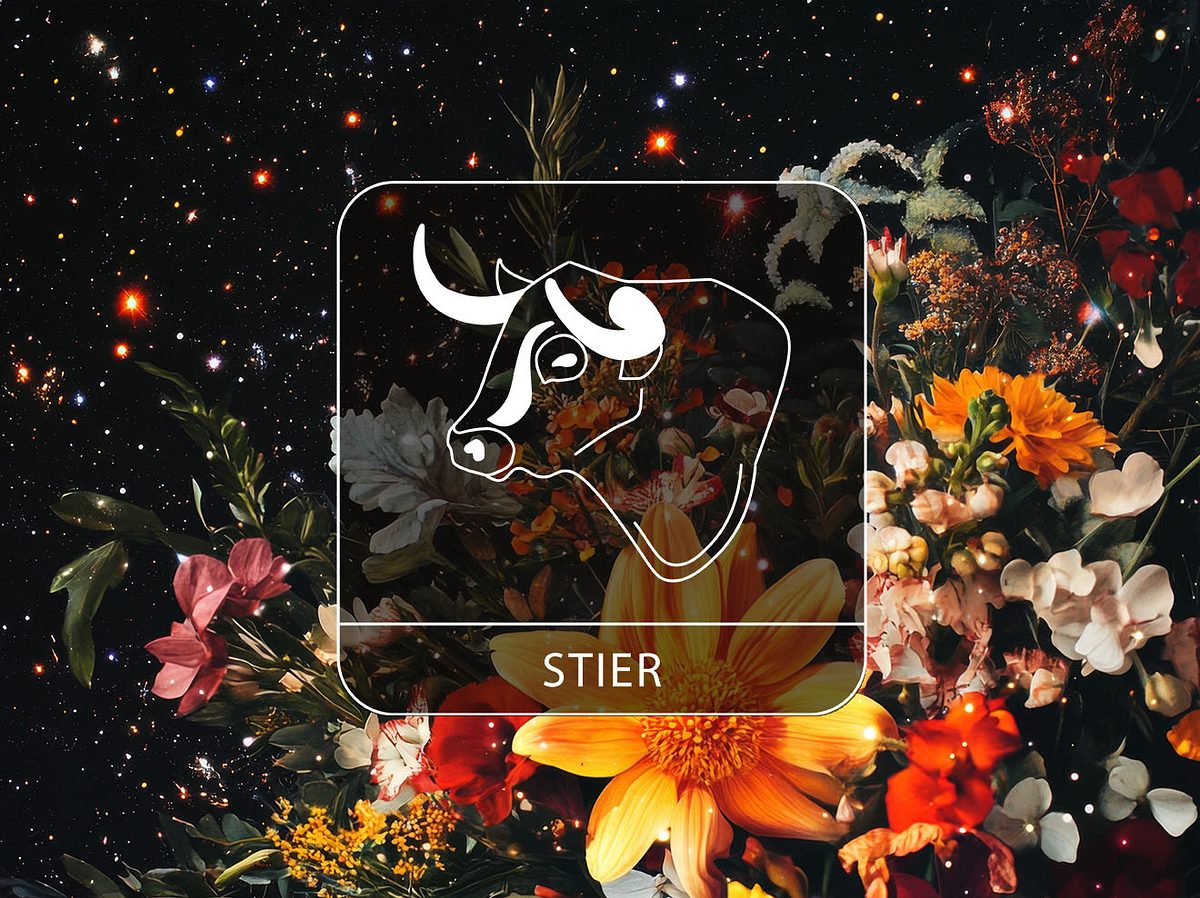 Sternzeichen Stier vor einem Blumenstrauß im Sternenhimmel