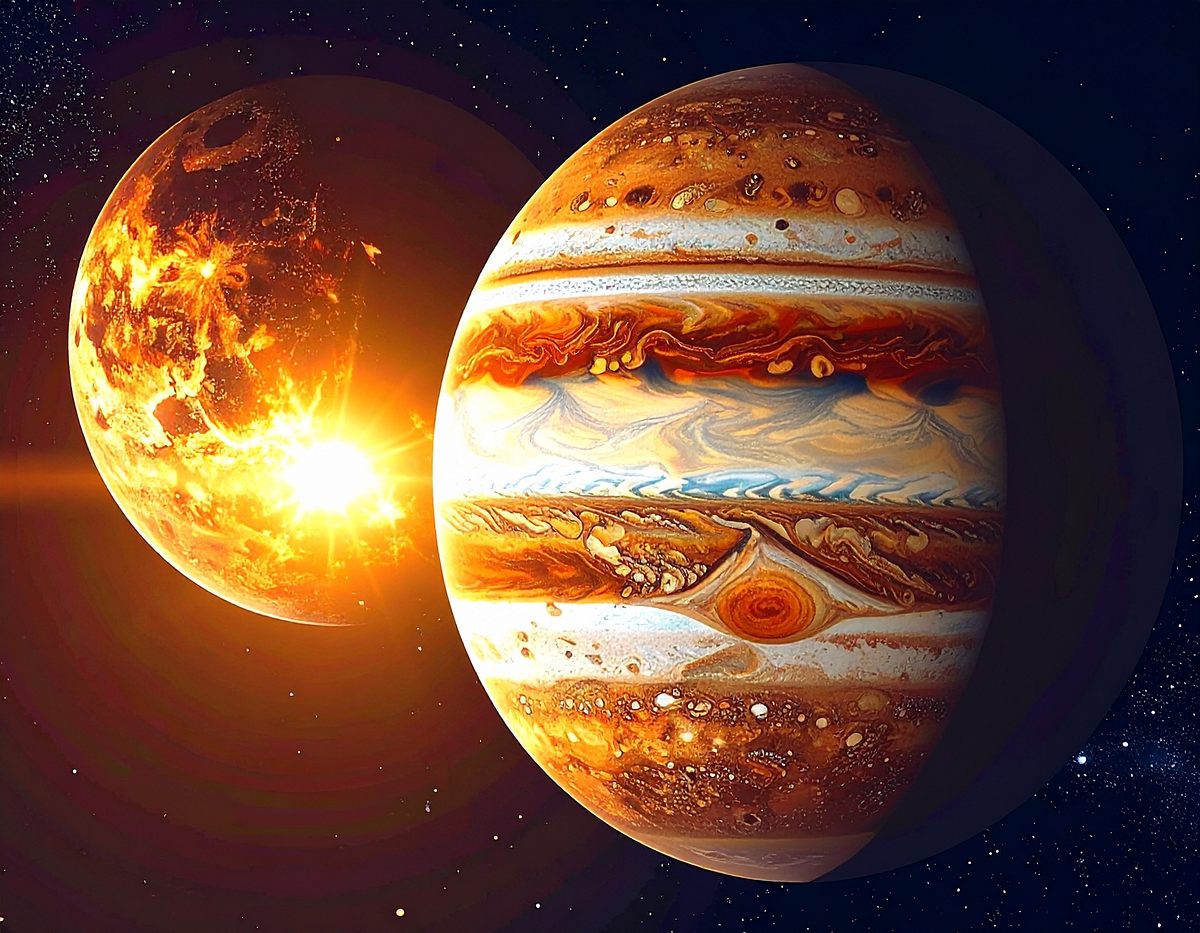 Planet Jupiter und die Sonne treffen sich in einer magischen Konjunktion