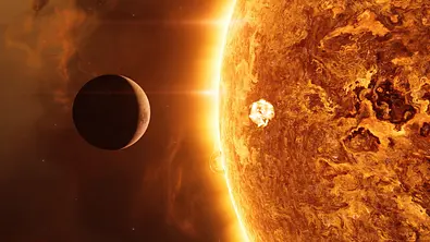 Darstellung eines kleinen Planeten der von der Sonne angestrahlt wird - Foto: UniqueMotionGraphics / iStock
