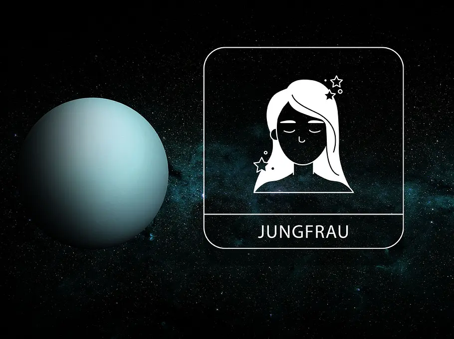 Sternzeichen Jungfrau neben Planet Uranus vor dunklem Hintergrund