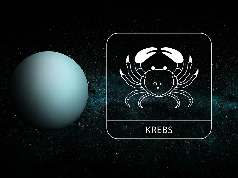 Sternzeichen Krebs neben Planet Uranus vor dunklem Hintergrund