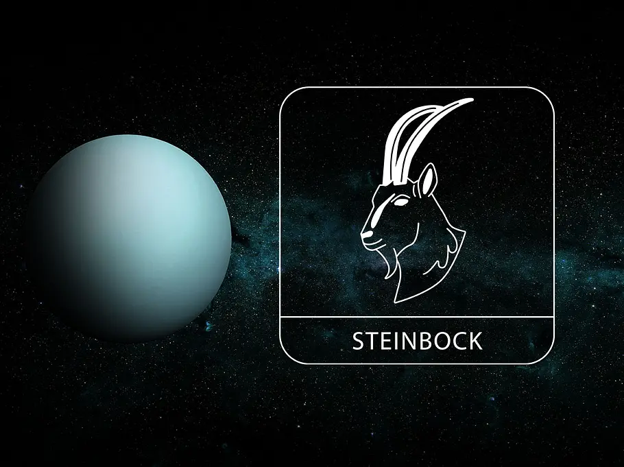 Sternzeichen Steinbock neben Planet Uranus vor dunklem Hintergrund