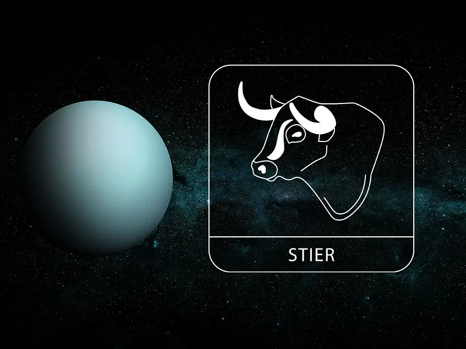 Sternzeichen Stier neben Planet Uranus vor dunklem Hintergrund