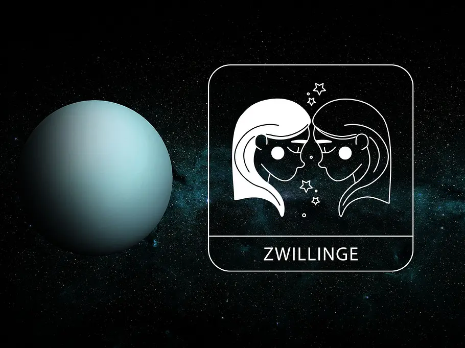 Sternzeichen Zwillinge neben Planet Uranus vor dunklem Hintergrund