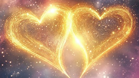 Zwei leuchtende Herzen aus goldenen Sternen vor einem farbenfrohen Himmel - Foto: EddieSnapix / AdobeStock