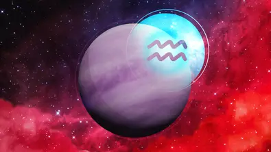 Planet Venus und das Symbol des Wassermanns in einer Galaxie - Foto: Astrowoche.de (Lena Matrosova) & iStock (dottedhippo, blackphobos)