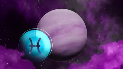 Grafik des Planeten Venus mit dem Symbol für das Sternzeichen Fische unten links - Foto: Collage mit Astrowoche.de (Dominica Zaborowski) & iStock (dottedhippo /dem10) 