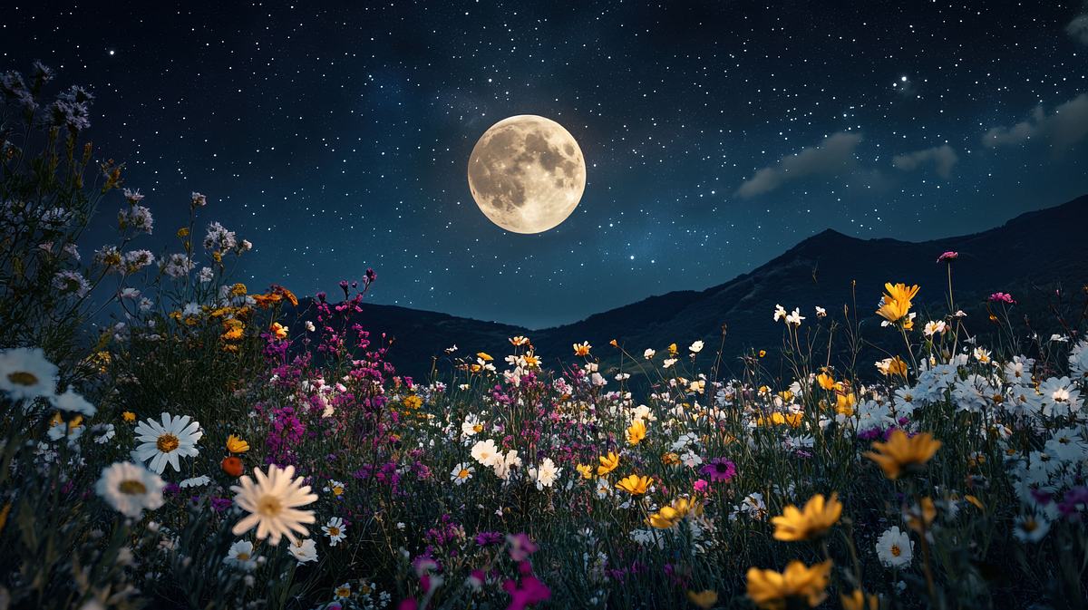 Vollmond steht am Nachthimmel über einen Wildblumenwiese