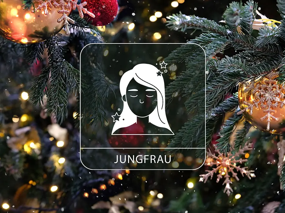 Sternzeichen Jungfrau vor einem Weihnachtsbaum