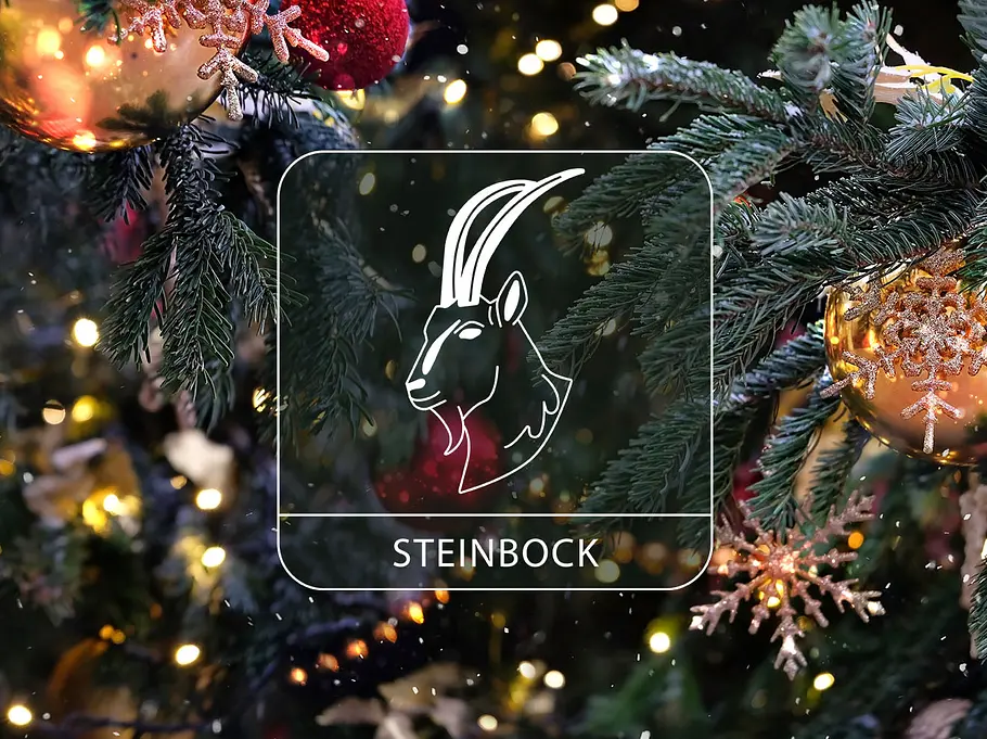 Sternzeichen Steinbock vor einem Weihnachtsbaum